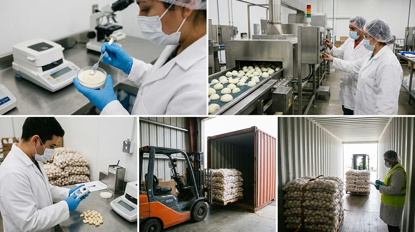 Laboratory moisture testing, dehydration tunnel operation and container loading of dehydrated products
