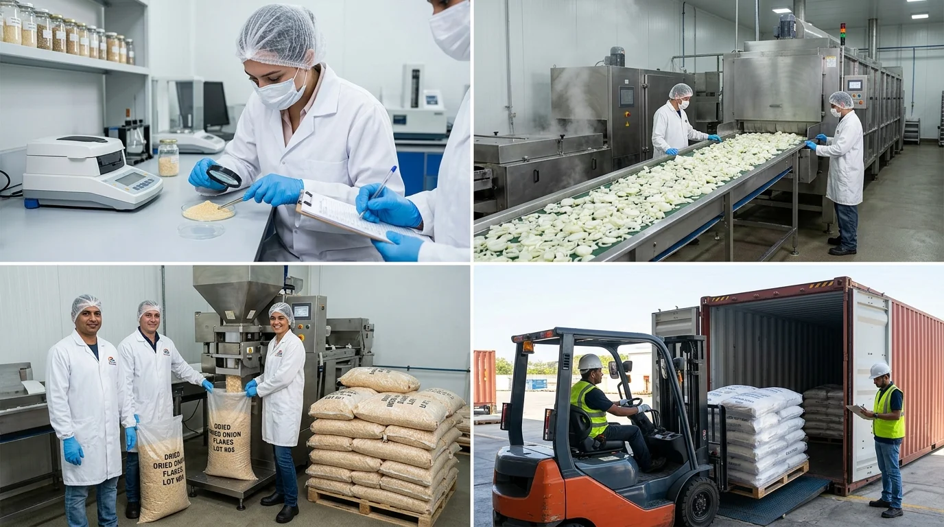Lab analysis, drying line, branded packaging of dried onion flakes and export container loading