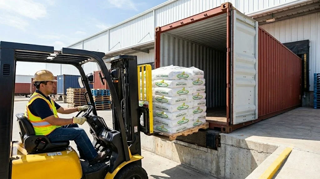Forklift loading a pallet of Fresh Land dehydrated onion and garlic sacks into an export container