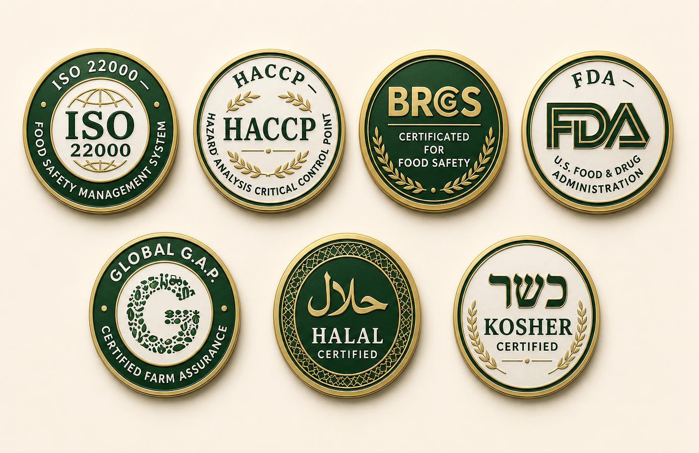 Food safety certification badges: ISO 22000, HACCP, BRC, FDA, GlobalGAP, Halal, Kosher