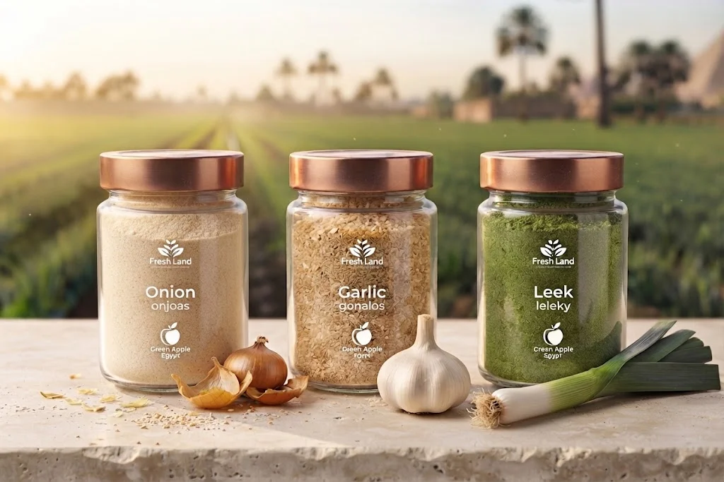 Fresh Land jars of dehydrated onion powder, garlic granules and leek powder in an Egyptian field