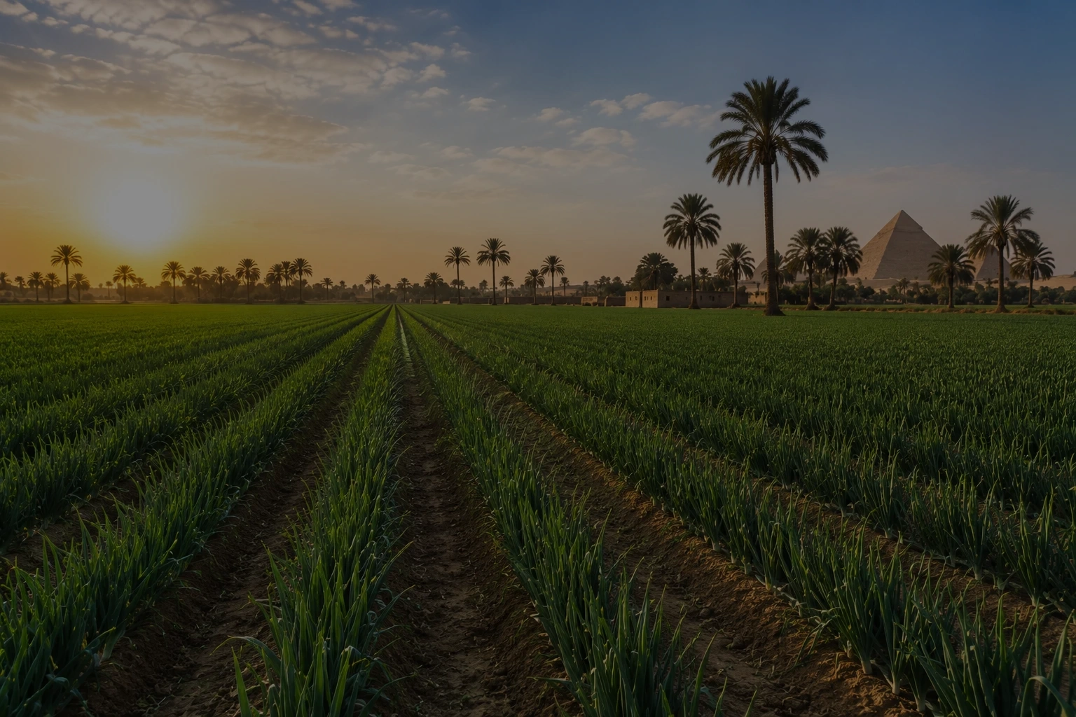 Green Apple workers loading Fresh Land branded crates of freshly harvested Egyptian onions at golden hour